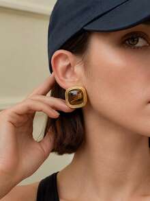 1 Pair Women's Stainless Steel Gold Thick Square Stud Earrings, Faux Tiger Eye Stone Geometric Earrings, Vintage Exaggerated Luxury Fashion 18k Gold Plated Jewelry, Suitable For Daily Wear And Party Outfit - Gold - View 4