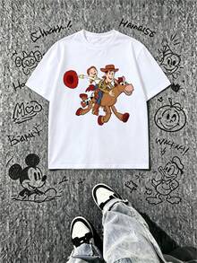 Disney Officially Licensed Toy Story Woody & Jessie Horseback Couple Tee, Cotton Oversized White Casual Tee For Versatile Styling - 男人 - 查看 2