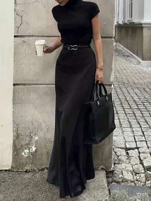 Long Satin Midi, A-Line Straight Cut With Zipper, Elegant Casual Style For Autumn, Suitable For Daily Wear, Office & Party Black - Black - View 1