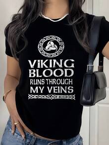 Símbolo nórdico que representa fuerza ancestral y espíritu vikingo con la frase que evoca orgullo y poder camiseta de mujer casual moderna - Negro - Ver 8