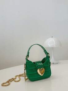 1pc Casual Girl PU Leather Shoulder Handbag, Mini Solid Color Heart Crocodile Embossed Material Shoulder Bag - A - View 5