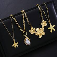 1pc Fashion Versatile Luxury Starfish Flower Faux Pearl Pendant Necklace 4pcs Set Niche Ins Metal Style Flower Choker Luxury High-End - Multicolor - View 4
