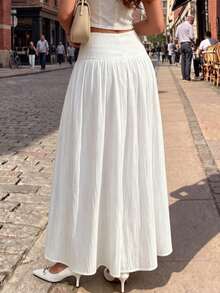 minisummer Woman Fall Elegant White Textured Maxi Skirt, High Waist Front Button Pleated Flowy A-Line Long Swing Skirt For Daily Holiday - White - View 3