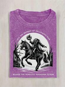 Camiseta vintage lavada de primera calidad, regalo de disfraz de Halloween, con las palabras "Él es el mensajero del miedo de Halloween, cuidado con el caballero sin cabeza" impresas en la p - Café integral - Ver 6