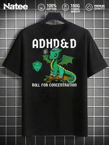 Adhd & D: Camiseta con estampado de dragón "Roll For Concentration", para hombre, de verano, cuello redondo, manga corta, casual, de algodón. - Negro - Ver 1