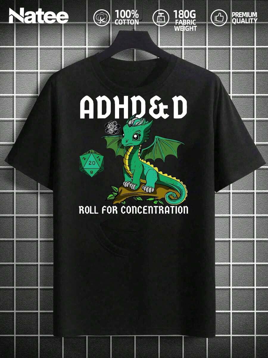 Adhd & D: Camiseta con estampado de dragón "Roll For Concentration", para hombre, de verano, cuello redondo, manga corta, casual, de algodón. - Negro - Ver 1