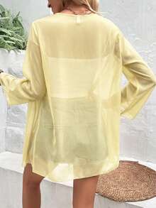 EARO Vacation Casual Solid Color Flare Sleeve Sheer Lightweight Jacket - Light Yellow - View 2