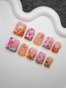 Unhas Postiças Quadradas Tipo A Feitas à Mão Estilo Y2K Hot Girl, Nude, Azul, Amarelo com Borda Francesa, Entalhe, Bola de Aço, Tie Dye, Listra de Zebra, Estrela do Mar, Gota de Água, Estrela do Mar, Design de Concha Unhas Postiças Feitas à Mão Puras, Adequadas para Mulheres e Meninas Usarem Pontas de Unhas Brilhantes, 10 Peças 3 Tamanhos, Adequadas para Festa, Dança, Uso Diário, Inclui Kit de Ferramentas, Pode Ser um Presente para Mulheres e Meninas. - Multicolorido - Visão 3