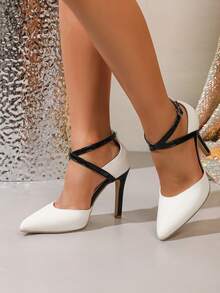 Sapatos de Salto Alto Ultra Elevado para Mulher com Fivela de Strass e Tira, Decote Baixo, Salto Agulha, Biqueira Pontiaguda, Brancos - Branco - Ver 5