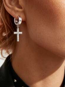 Xiacheng 1Pair/Set Cross Earrings Set For Men Women Dangle Hinged Earrings Of Dangle Hinged Earrings Cross Hoop Slivery And Black Earrings - Multicolor - View 2