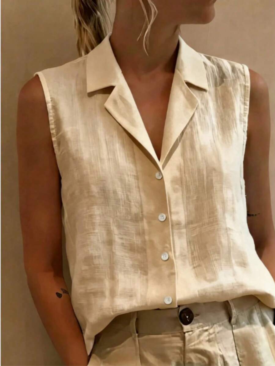 1件女款日常通勤極簡舒適透氣優雅休閒純色亞麻背心上衣,聚酯纖維前開扣上衣,適合春/夏單穿、秋季疊穿,居家、旅行、度假、辦公穿著 - 杏色 - 查看 1