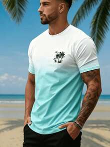 Men's Gradient Coconut Tree Print Short Sleeve T-Shirt, Suitable For Summer Beach Vacation And Casual Wear, Quick-Dry Crew Neck Top - Multicolor - View 1