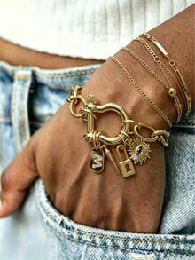 1pc Elegant Letter Bracelet With Horseshoe Buckle And Evil Eye Pendant, High-End Vintage, Suitable As A Beautiful Holiday Gift For Women - Gold - View 1