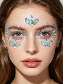 1pc Blue Unicorn Flower Face Rhinestone Sticker, Teardrop Colorful Rhinestone + Flower Style, Waterproof Long-Lasting Brow Center Sticker, Music Festival Party / Sweet Cool Hot Girl Makeup Accent - Multicolor - View 10
