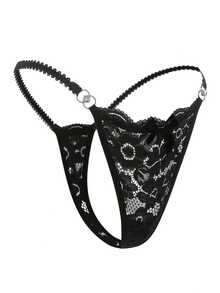 1 Floral Lace Thong | Women's Sexy Underwear And Lingerie With Contrasting Lace Details, Breathable And Comfortable With Open Tie - 黑色 - 查看 2