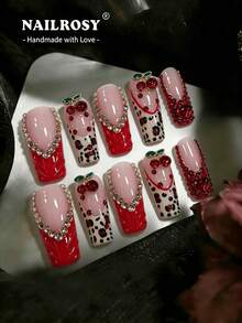 nailrosy 10pcs Red Cherry Handmade Dopamine Square Pressed Nail Stickers - 3D Y2K Square Nail Decals, Reusable Fake Nails With Rhinestones | Sparkling Colorful French Tips - Pink - View 12