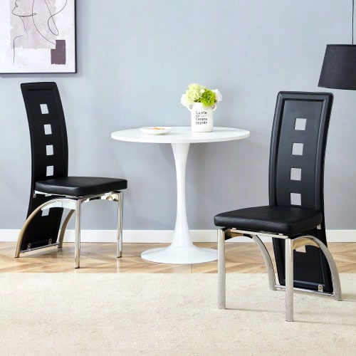 [Set Of 2] European Design Dining Chairs With Perforated Pattern, Black PU Leather + Silver-Colored Metal Legs, 102.5 Cm High, For Modern Dining Or Living Room.