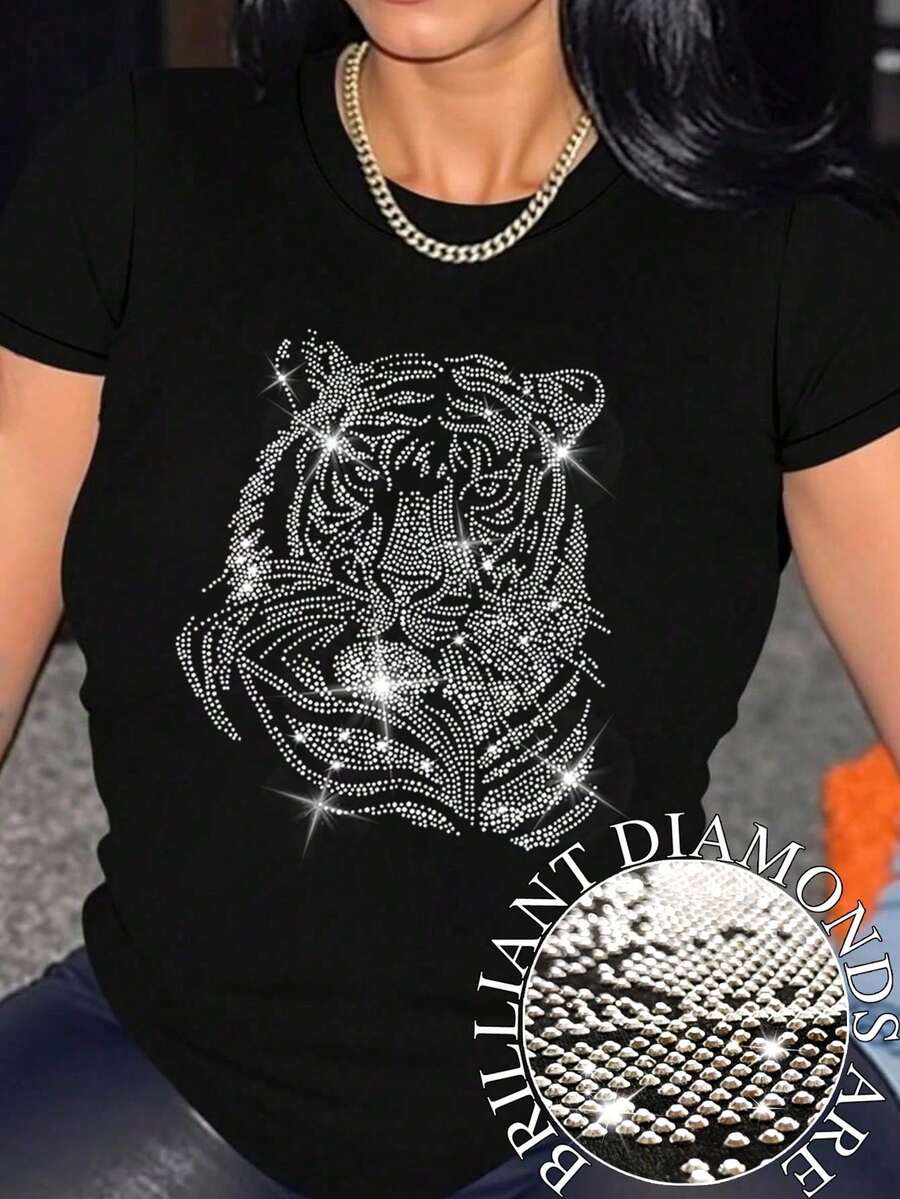 Women's Unity Letter Slogan Short Sleeve T-Shirt, LOS ANGELES Graphic Tees, Women's Tops - 藍色和黑色 - 查看 1