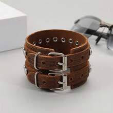 Pulseiras de Couro Legítimo com Punho Punk Metal Rock para Homens e Mulheres, Pulseiras com Contas de Metal, Pulseiras Ajustáveis Envolventes - Castanho - Visão 6