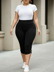 Plus Size Women's Solid Color Side Round Patchwork Tight Yoga Sports Capri Pants, Summer - Black - View 10