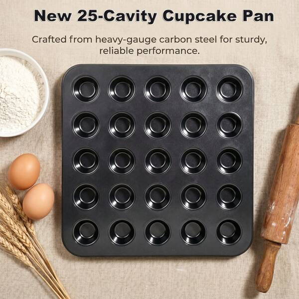 25-Cup Mini Cupcake Muffin Pan Non-Stick Carbon Steel Baking Tray Round Cake Mold Bakeware Kitchen Baking Tool For Home Oven Use Great For Family Gatherings, Birthday Parties, Wedding Anniversaries, Christmas, Thanksgiving, And More.
