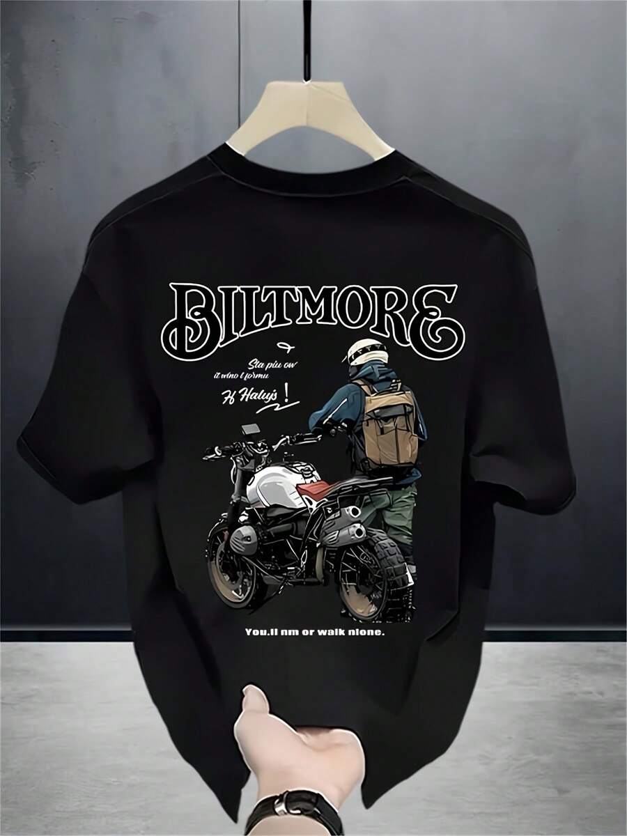 Camiseta de manga corta estampada a la moda para hombre, de algodón de peso pesado para verano, estilo coreano y japonés, prenda masculina versátil. - Negro - Ver 1