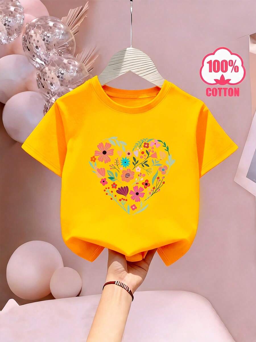 Girls' Short Sleeve T-Shirt With Heart, Flower And Letter Print, Cool And Breathable For Spring/Summer, 100% Cotton, Loose And Casual Fit In Small Sizes - Yellow - View 1