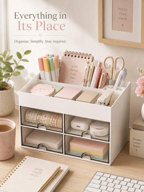 Sleek Desk Organizer With 4 Drawers Plastic Makeup Storage For Aesthetic Room Neat Section Storage Box Perfect For Pens Notepad Brush Washi Tape Accessories Office School Supplies