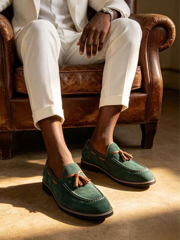 Men's British Style Tassel Loafers, Green Suede Slip-On Business Casual Leather Shoes, Versatile Slouchy Shoes, Flat Comfortable Casual Men's Shoes, Driving Shoes