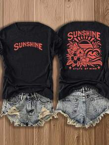 100% algodónCamisetas de manga corta para mujer - Camiseta con estampado de sol desgastado para mujer - Ligera, transpirable, de cuello redondo y manga corta con corte holgado, adecuada para - Negro - Ver 1
