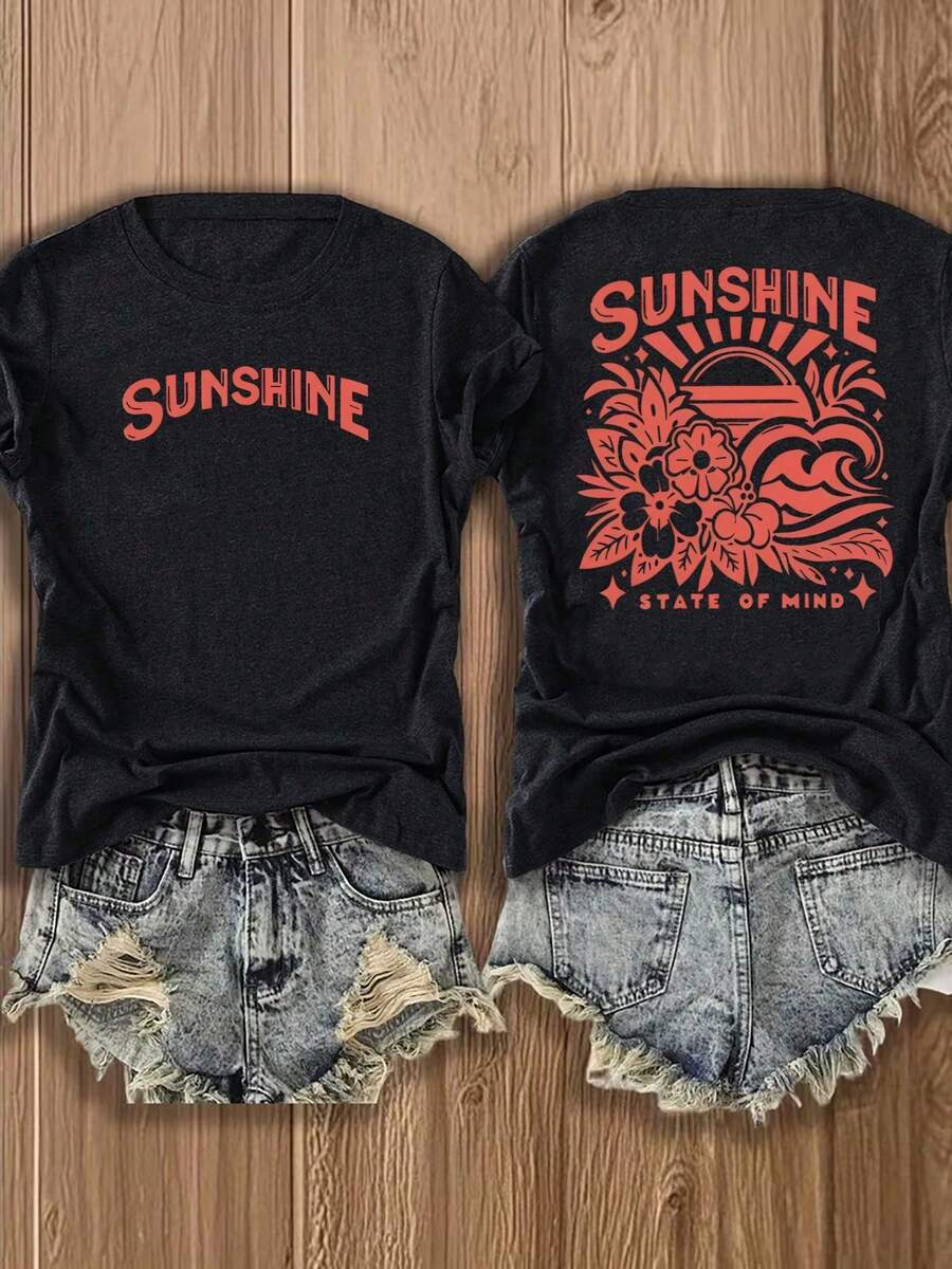 100% algodónCamisetas de manga corta para mujer - Camiseta con estampado de sol desgastado para mujer - Ligera, transpirable, de cuello redondo y manga corta con corte holgado, adecuada para - Negro - Ver 1