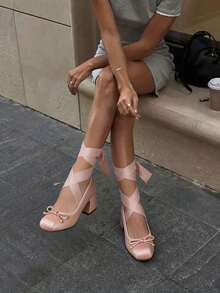 Women's Ballet High Heels Mary Janes Elegant Satin Lace Up Ballerina Chunky Heels Bow Knot Sweet Cute Party Date Versatile Shoes For Women - 杏色 - 查看 9