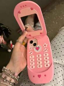 1pc Korean Style Cute 3D Glitter Pink Large Phone Model Flip Mirror Silicone Phone Case, Compatible With IPhone 16/15/14/13/12 Pro Max/11, Shockproof Soft Shell, Gift Packaging - Pink - View 1