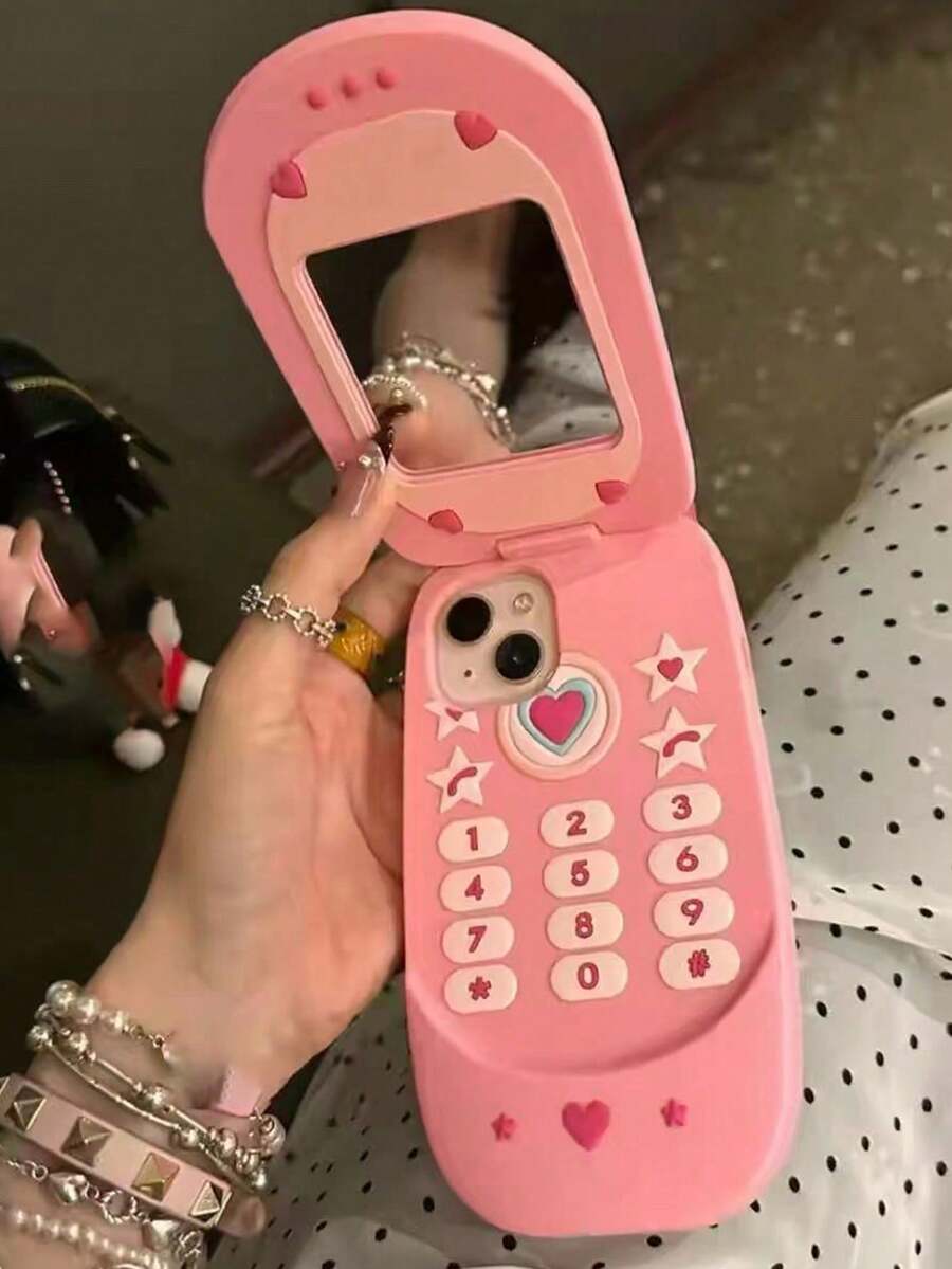 1pc Korean Style Cute 3D Glitter Pink Large Phone Model Flip Mirror Silicone Phone Case, Compatible With IPhone 16/15/14/13/12 Pro Max/11, Shockproof Soft Shell, Gift Packaging - Pink - View 1