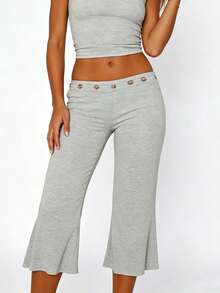 Y2K Summer Beach Low Rise Cropped Flare Pants With Metal Eyelet Waistband High Waist Slimming Bootcut Capri Pants Multi Solid Colors - Light Grey - View 4