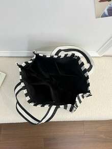 Fashionable Large Capacity Striped Tote Bag, Letter Decoration, Suitable For Women Shopping, Commuting And Daily Use - Black - View 6