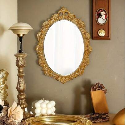 [Vintage Vanity Mirror]Gold Antique French Vintage Vanity Mirror, Carved Resin Wall-Mounted Makeup Mirror, Glass Mirror Surface, No Electricity Required, Elegant Wall Decor