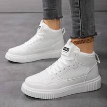 Women's Solid Color Lace-Up Mid-Top Soft EVA Sole Breathable Versatile Commute Casual Sports Sneakers - White - View 3