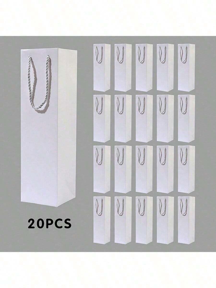 20pcs/Pack Paper Bags, Wine Gift Bags, Party Supplies Paper Bags, Thickened Cardboard Bottom, With Rope Handles, Single Bottle Wine Gift Bags, Size: 34.7cm*9.5cm*9cm, Christmas - White - View 1