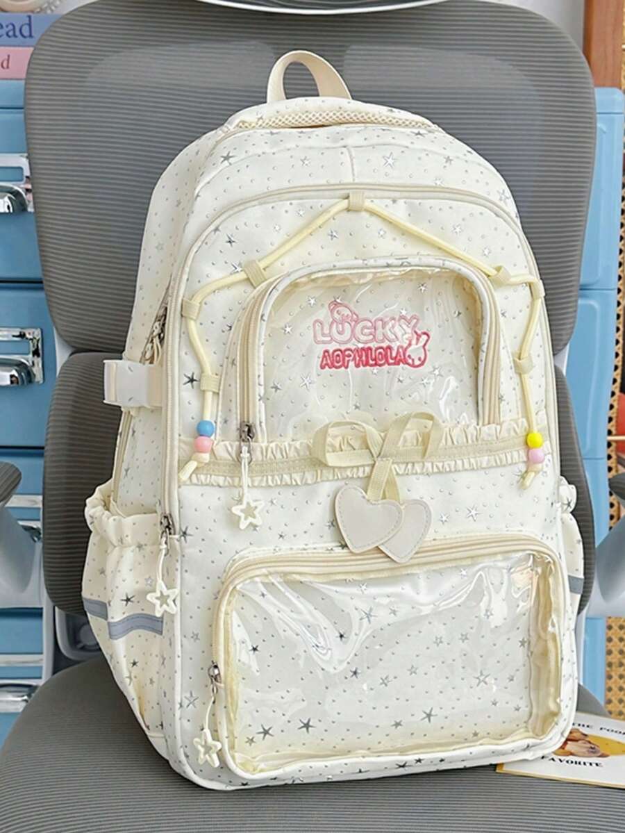 Mochila Ita con Patrón de Estrellas, Mochila Estudiantil con Capa Transparente, Bolso de Estilo Dulce Japonés para Viajes Diarios