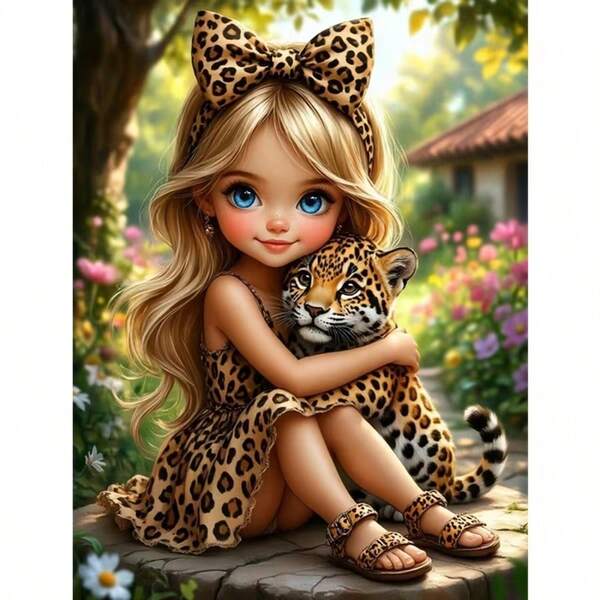 1pc [30*40cm/11.8*15.7in]5D Acrylic Diamond Painting Kit, Leopard Print Little Girl Pattern, Suitable For Adult Beginners DIY Mosaic Diamond Art, Full Drill Handmade Self-Design DIY Diamond Painting, Suitable For Living Room, Bedroom, Office Wall Decoration Hanging Painting, Surprise Home Decor Gift For Family And Friends, Unframed