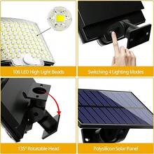 1pc Solar Light With 106 LED Beads And Independent Solar Panel, Adjustable Bracket, 4 Switchable Modes, Suitable For Porch, Garage, Garden, Yard, Driveway And Other Locations - Solar Lights - View 3