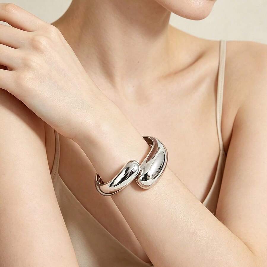 1pc INS Style Asymmetric Wavy Glossy Metal Bracelet, Women's Casual Commute Jewelry - White Steel Color - View 1