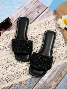 1 Pair Flat Slide Sandals/Solid Color Flat Design Shiny Upper Exquisite Design Rhinestone Decor Easy To Put On And Take Off Easy To Clean Elegant Sophisticated Fashion Versatile Suitable For Daily Wear Shopping Dating Vacation Travel Must-Have Slide Sandals - Black - View 11