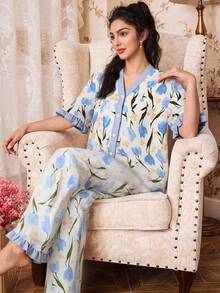 Women's Blue Tulip Floral Print Contrast Color V-Neck Ruffle Short Sleeve Button-Up Top + Wide Leg Pants 2-Piece Pajama Set - Multicolor - View 1