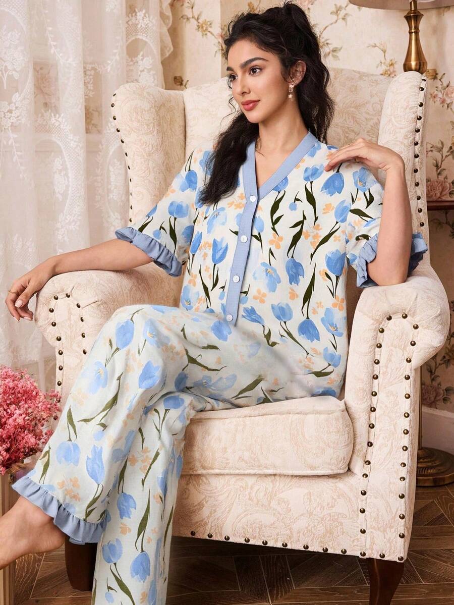 Women's Blue Tulip Floral Print Contrast Color V-Neck Ruffle Short Sleeve Button-Up Top + Wide Leg Pants 2-Piece Pajama Set - Multicolor - View 1