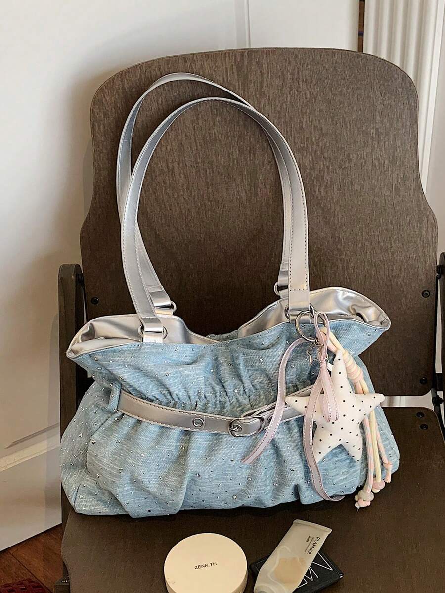 New Fashion Casual Solid Color Denim Fabric Tote Bag Star Pattern Pleated Fabric Women's Shoulder Bag - Baby Blue - View 1