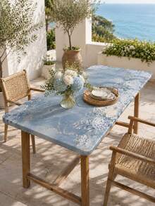 1Pc Blue Marble Floral Round Stretch Tablecloth, Elegant Polyester Elastic Fitted Table Cover, Rose Hydrangea Print Washable Dustproof Table Protector Slipcover For Dining Table, Patio, Wedding, Party, Spring Summer Decor - Multicolor - View 4
