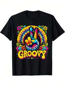 n patrones florales coloridos, camiseta casual de verano de manga corta adecuada para actividades al aire libre, camiseta casual de verano con estampado llamativo, camiseta de tela de punto. - Negro - Ver 1