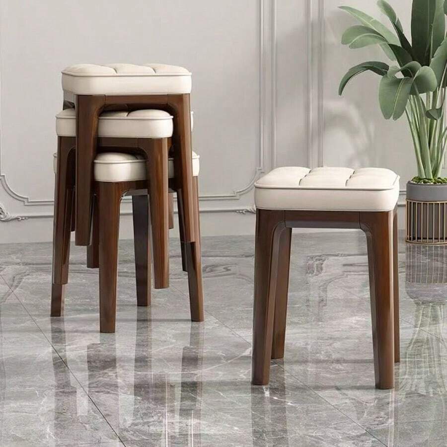 Home Use Stackable Stool, Dining Room Living Room Guest Soft Padded Square Stool, Space-Saving For Small Apartments - Camel - View 1